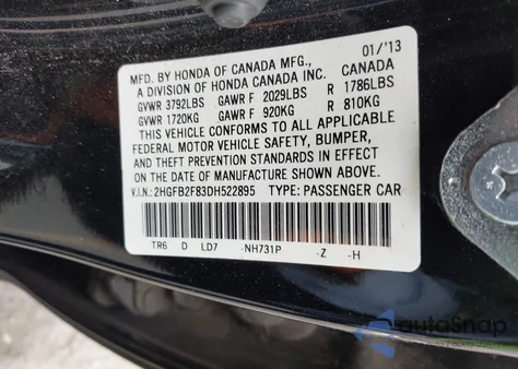 2013 Honda Civic Ex z USA, uszkodzony, nr VIN 2HGFB2F83DH522895